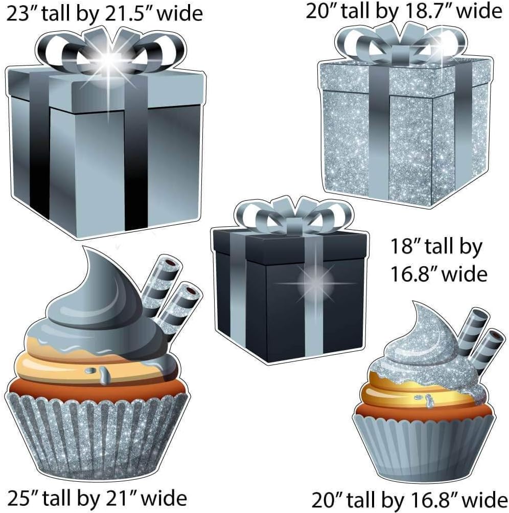 VictoryStore Birthday Decorations - Set of 10 Sparkle Accessories Outdoor Signs Package, Cupcake, Presents, Balloon Yard Sign (Silver 18794)