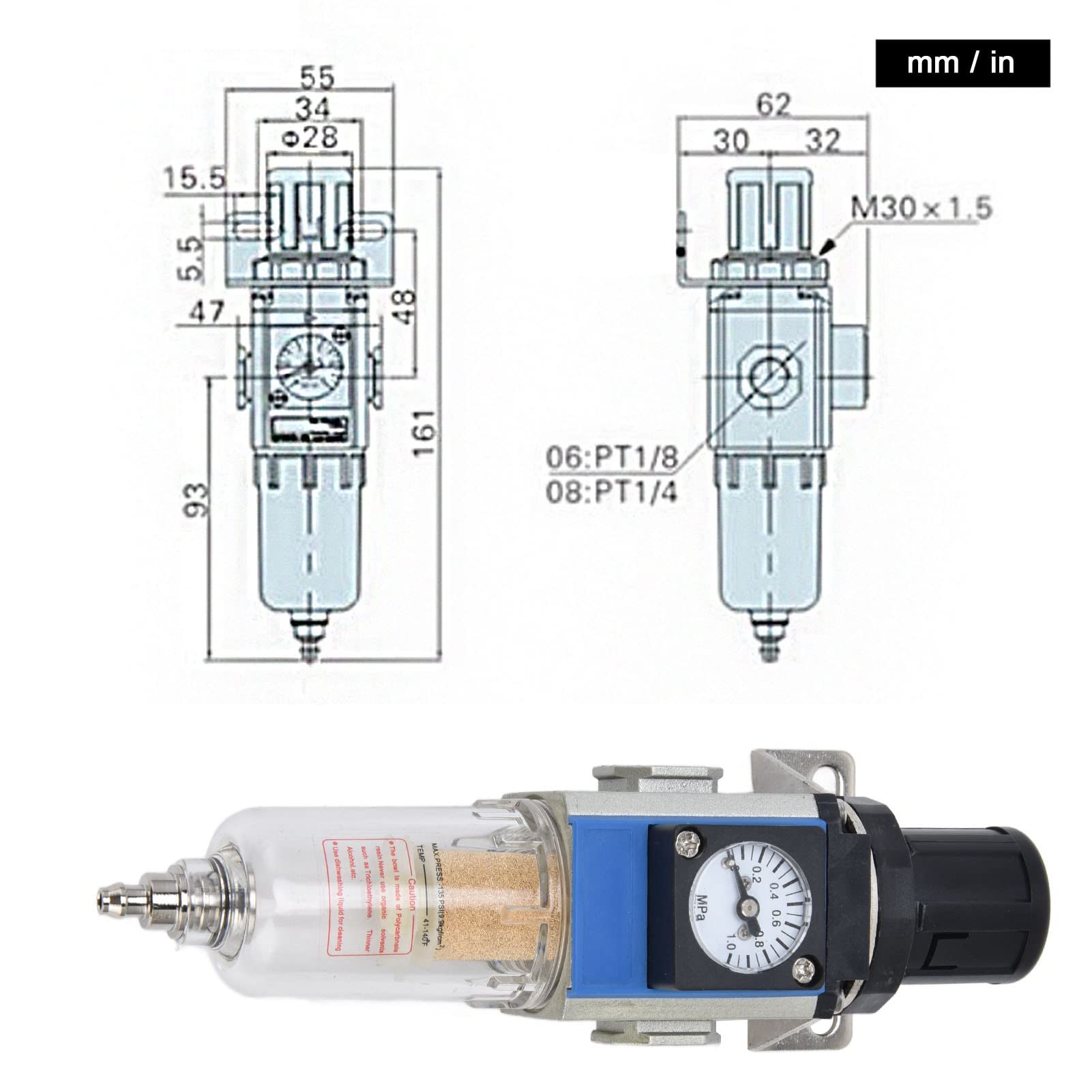 Filtri Dell'Aria con Manometro, Filtri Regolatori di Pressione, Filtri per Compressore D'Aria Ad Alta Precisione, Filtri e Regolatori Combinati per Aria Compressa (GFR200-06)