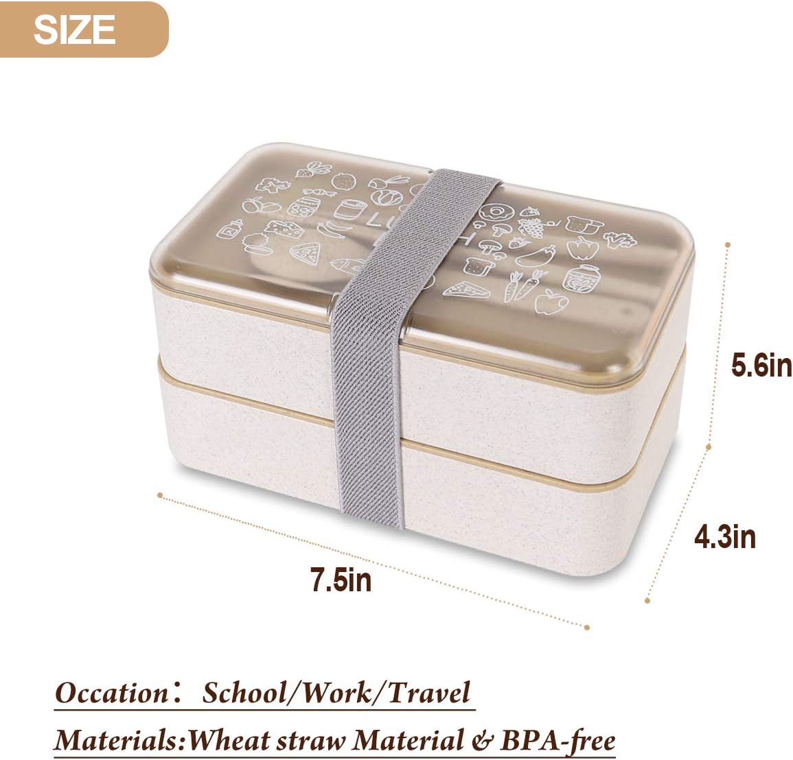 Buringer Lunch Bento Box Food Storage 2 Square Containers for Adults School Work BPA Free Leak Proof with Chopsticks and Spoon 1200ml (Long Khaki Wheat Grass)