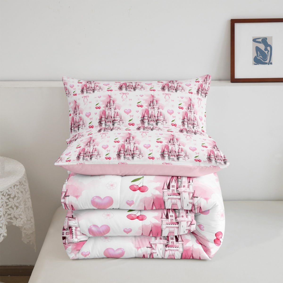 jejeloiu Kids Pink Castle Bedding Set Toddler Size, Cherry Bowknot Comforter Set Fairytale Duvet Insert Boys Girls Teens Bedroom Decor 2Pcs