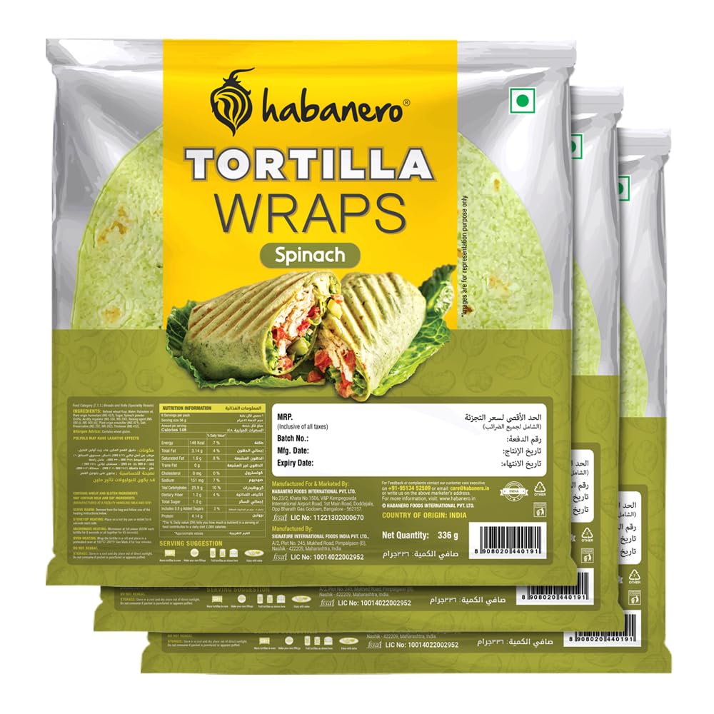 spinach tortilla wrap (pack of 3) Fresh Taste & Soft Texture l Best for Burrito, Wraps, Tacos, Samosas, Shawarmas and Rolls l On the Go l Enjoy our tortilla wraps with mozzarella cheese or butter l 1008 g