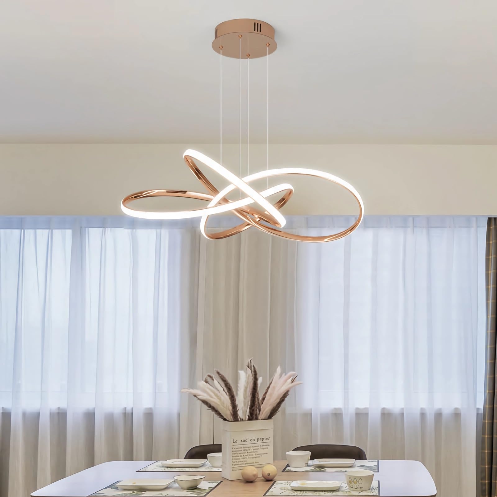 Lámpara colgante de techo 64W LED moderna Diseño espiral, Luz Colgante regulable con control remoto, Luz de araña altura ajustable, para Sala de estar, dormitorio, Comedor, Cocina isla (B - Dorado)