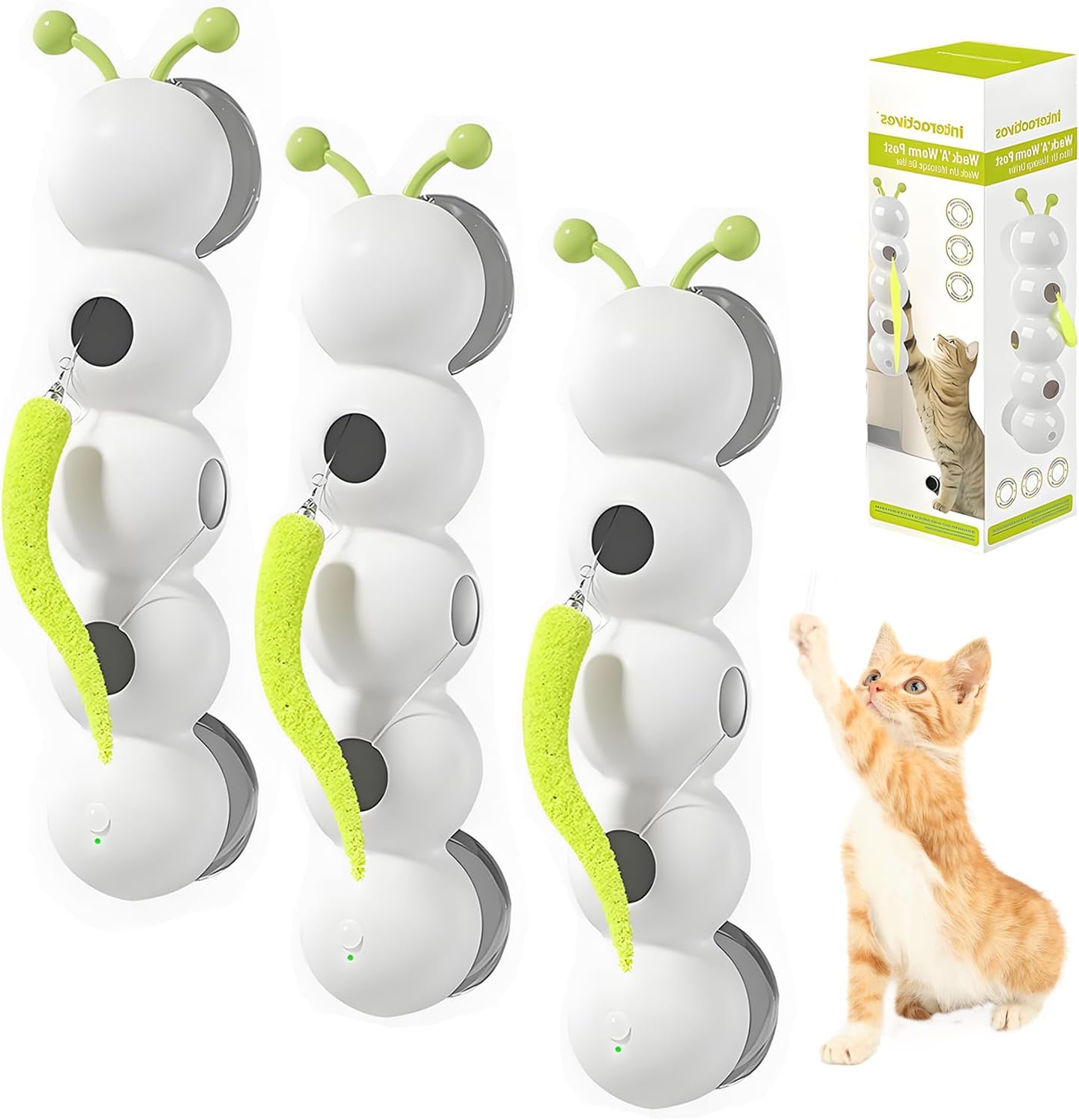Whack a Worm Cat Toy, Interactive Caterpillar Cat Toy with Motion Sensor, Whack a Worm Post Cat Toys with Suction Cup, Moving Caterpillar Cat Toys for Indoor Cats (3PC)