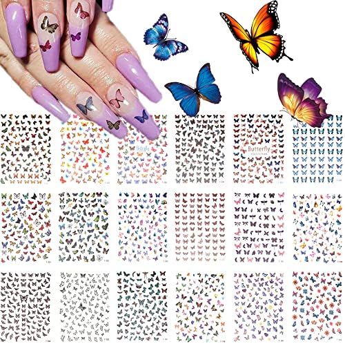 18 Sheets Butterfly Nail Art Stickers Decals, Water Transfer Nail Stickers for Nail Art, Vanessa Self-Adhesive Nail Decals 3D Butterfly Designs Nails for Supplies Butterfly Stickers Decals for DIY Colorful Manicure Tips Décor