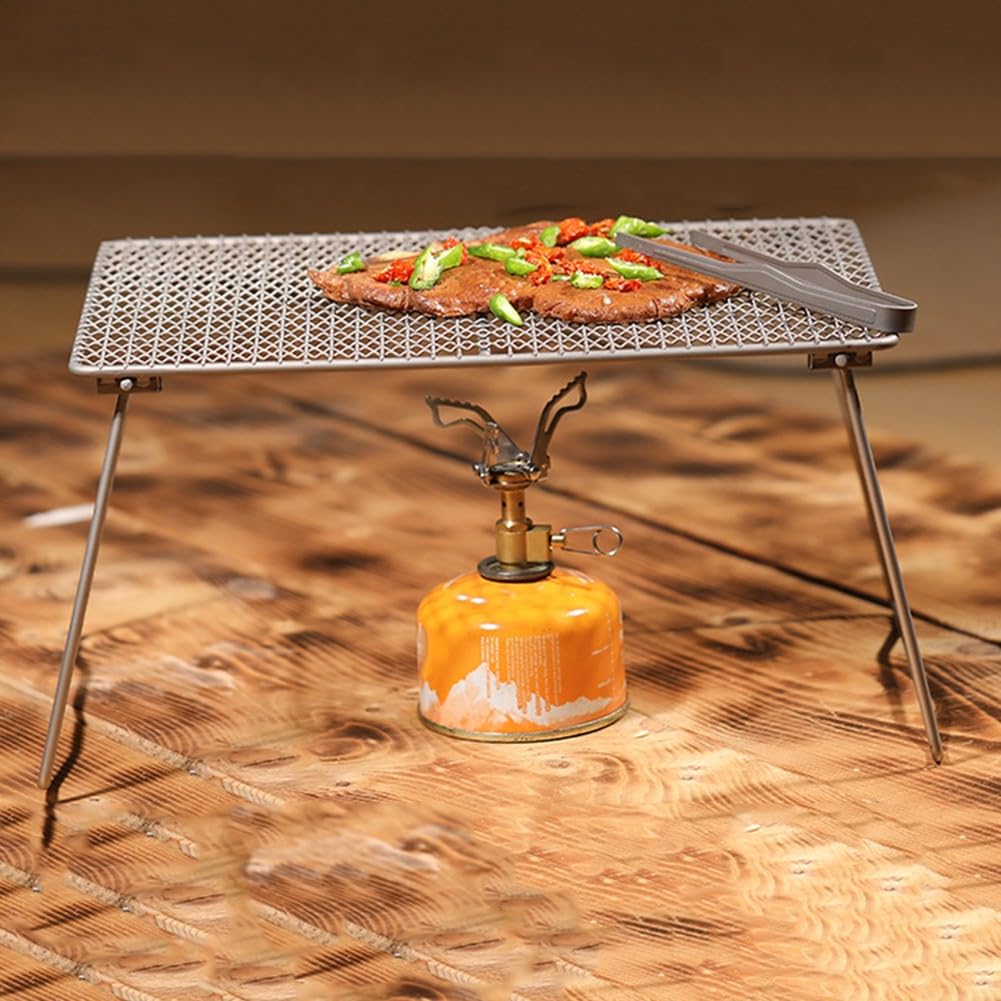 Parrilla de Campamento Portatil con Patas Plegables, Parrilla de Camping Plegable de Titanio para Barbacoa Carbon y Leña, Parrilla de Malla Pequeña para Fogata al Aire Libre