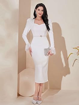 ADIOLI White Dress Fuzzy Cuff Sweetheart Neck Bodycon Dress