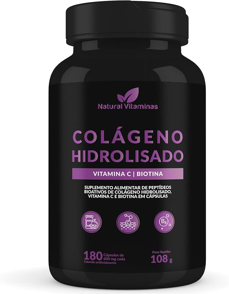 Colágeno Hidrolisado com Biotina e Vitamina C - Suporte para Ossos, Cabelo, Pele e Unhas Saudáveis. 1 Pote com 60 Cápsula de 580mg - Natural Vitaminas