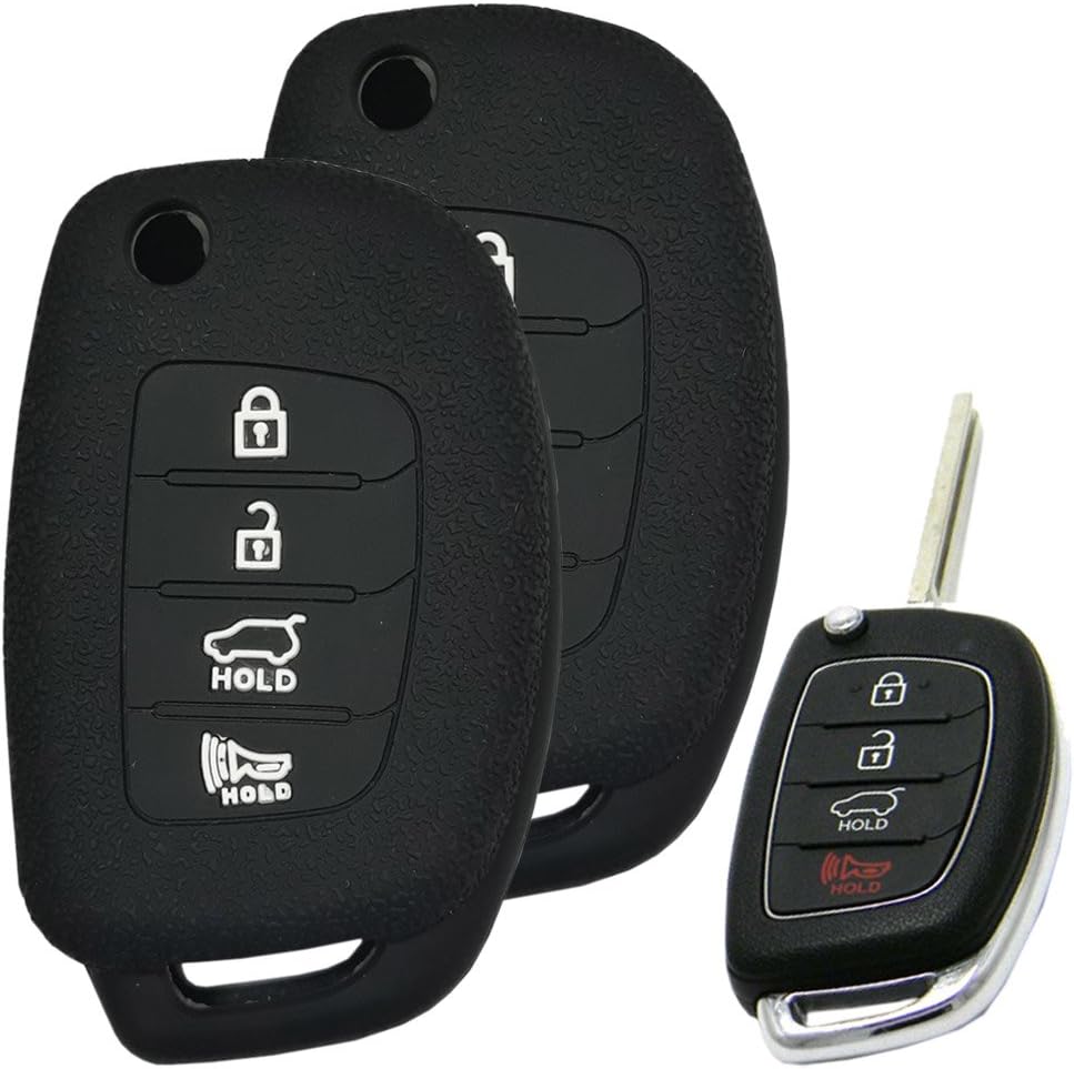 Hanmin Motors Car Smart Flip Key Silicone Case Rubber Holder Fob Kit Skin Protector Compatible with (Hyundai Elantra Sonata Tucson i40 ix35 i45 4 Buttons) Black 2 Pieces # 10