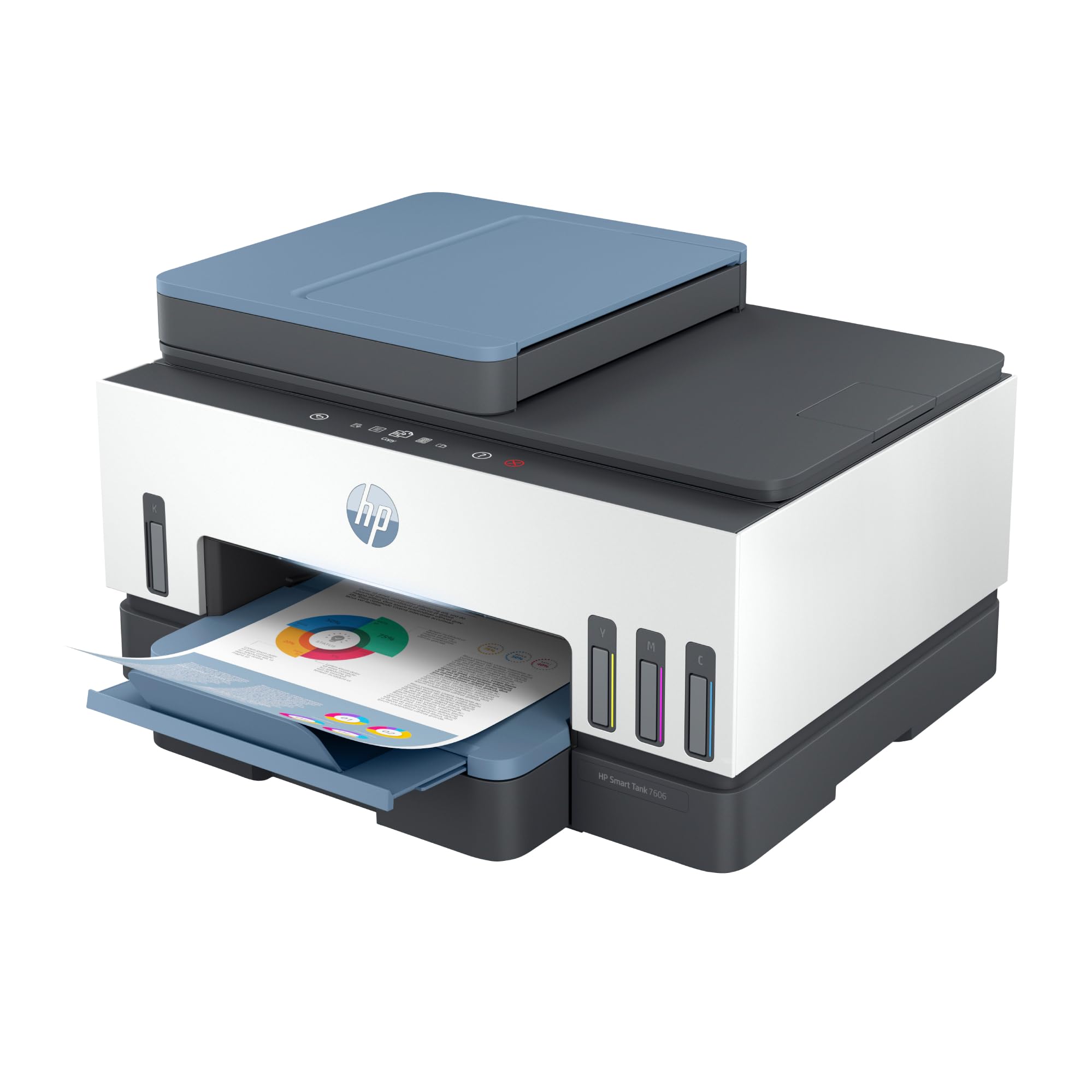 HP Smart Tank 7606 28C03A - Impresora A4 Multifunción con Deposito de Tinta Recargable, Impresión a Color, Escaner, Copiadora, Fax, Wi-Fi, Smart App, Blanco y Azul