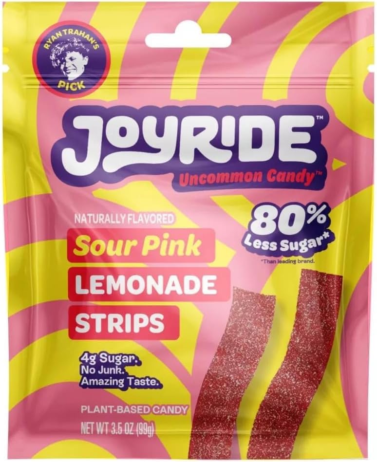 Sweets Joyride Candy Sour Candy Strips - 3.5oz-Gummy Candy, Strips Candy, Sour Candy, 80% Less Sugar, Plant-Based, Vegan (Sour Pink Lemonade)