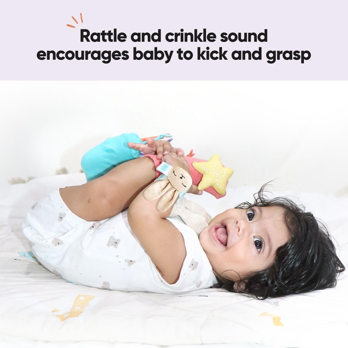 Curious Cub Wrist Rattle & Foot Finder Socks Toy Set For Baby Arm & Feet | Soft, Safe With Rattle Crinkle Sound | Ideal for 0-12 Months Toddlers | Early Developmental Sensory Toys | Newborn Baby Gift Set - Image 3 thumbnail