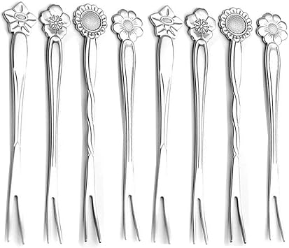 8Pcs 4.9 Inch Flower Stainless Steel Friut Forks Small Pickle Forks Dessert Cake Forks Salad Bistro Cocktail Fork Two Prong Dinner Appetizer Fork For Banquet Party Seafood Cocktail Silver