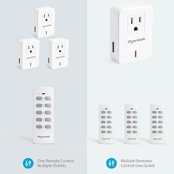 Syantek Remote Control Outlet Wireless Light Switch for Household Appliances, Expandable Remote Light Switch Kit, Up to 100 ft Range, White (5 Outlets + 2 Remotes)