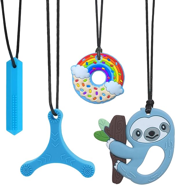 Sensory Chew Necklaces 4 Pack Made of Food Grade Silicone for Kids, Baby's Safe Teething Teethers Toy Chew Toys for Autistic Boys Girls with Teething, Biting Needs, Oral Motor Chewy Teether, ADHD