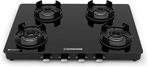 Sunshine Regal Pro Max Gas Stove | 4 Burner Gas Stove | Warranty By Sunshine – 5 Year On Glass & Burner, ISI Certified, Gas Chulha 4 Burner, LPG…