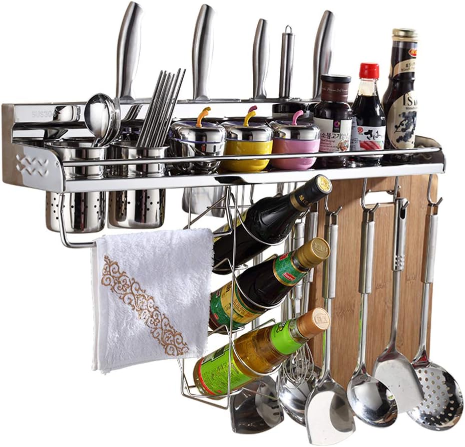 Kitchen Wall Shelf Wall Mounted Pot Pan Rack, LAMPTOP 7-in-1 Kitchen Bookshelf Storage Rack Hanging Pot Rack Organizers Wall Mounted with Bottle Rack & 10 Hooks, Hanging Pot Rack