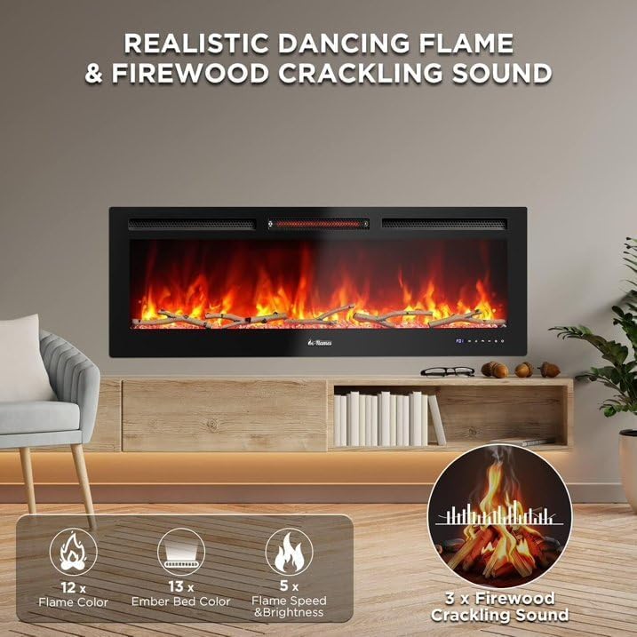 Electric Fireplace, 50 Inch Fireplace Heater Recessed and Wall Mounted, Linear Fireplace with Multicolor Flame, 750/1500W Control by WiFi and Remote, Fireplace Heater with Log and Crystal