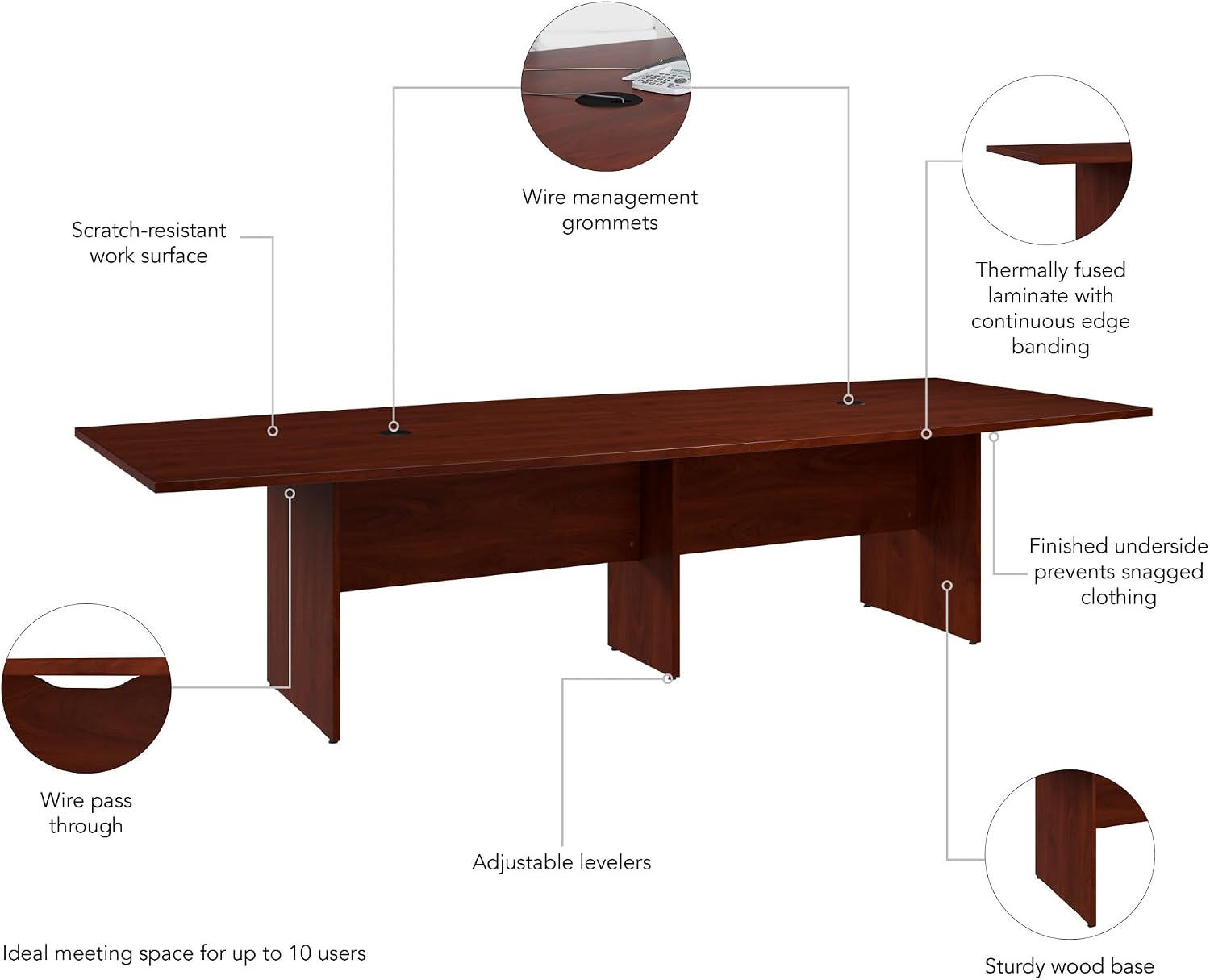 Bush Business Furniture 120-inch Office Conference Table with Wood Base, Boardroom Meeting Space for 10 Users, Hansen Cherry