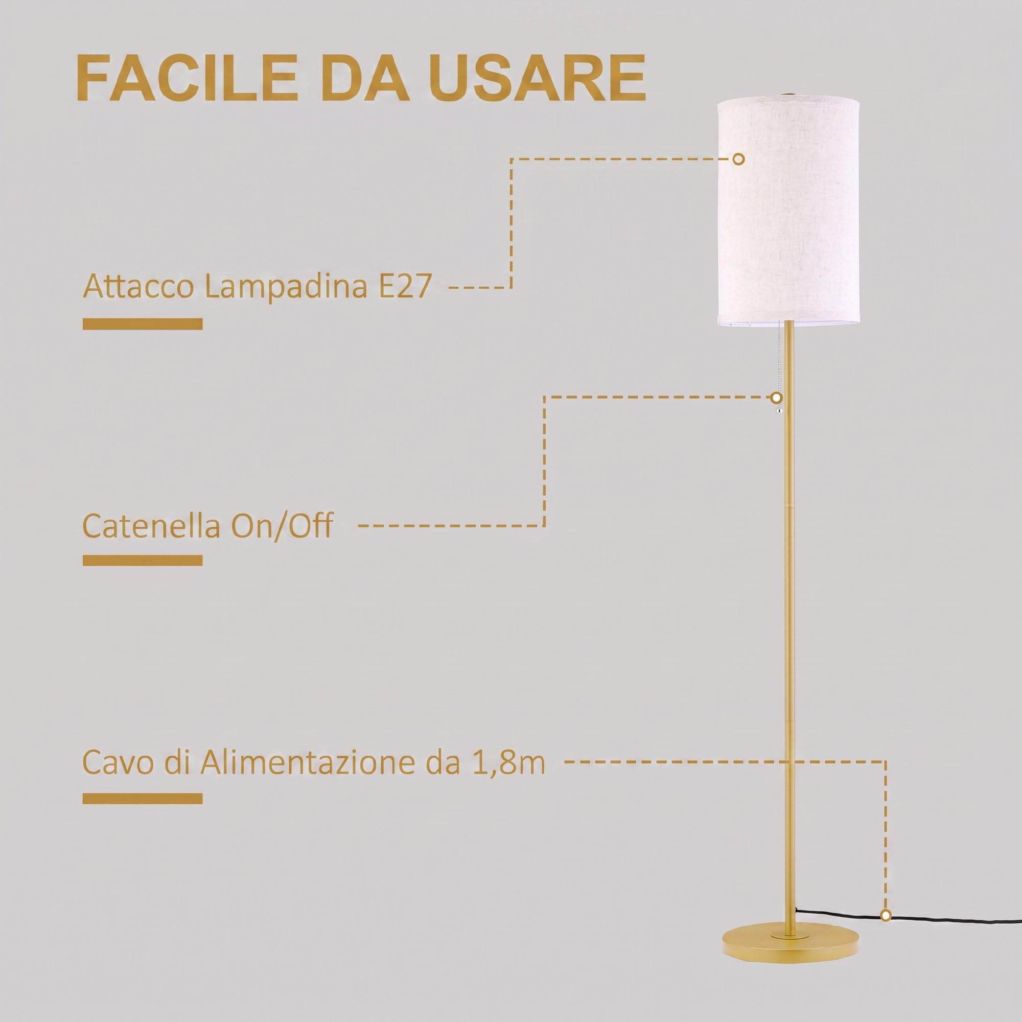 HOMCOM Lampada da Terra con Interruttore a Catena Attacco E27 Oro e Crema | Lampada da Pavimento, Paralume in Lino, Base in Acciaio, per Soggiorno e Camera
