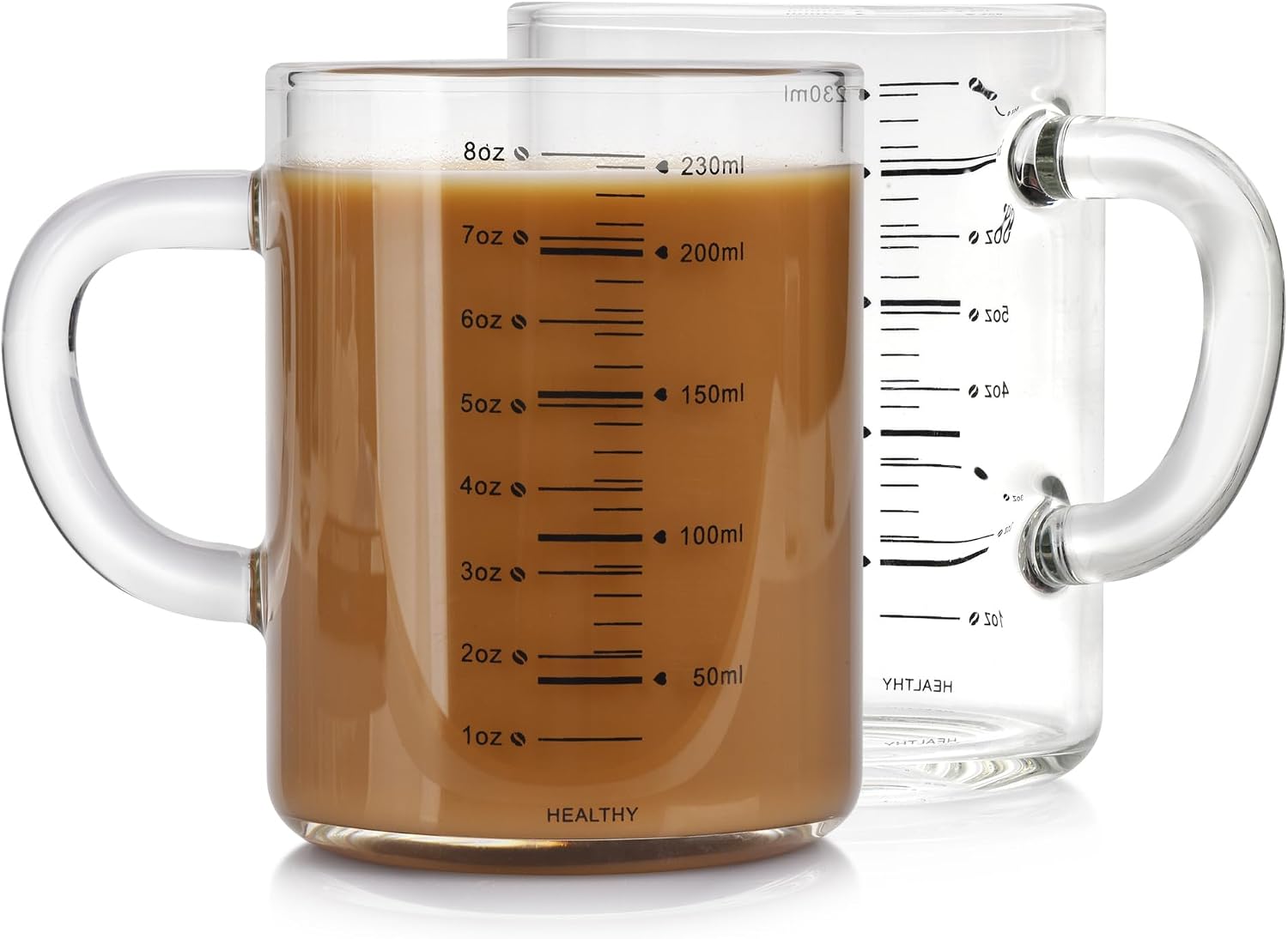 8 Oz Glass Measuring Cup, Espresso Shot Glasses, Clear Coffee Mugs for Hot or Cold Drinks With Handle, Microwave Safe Graduated High Borosilicate Cup (Black)