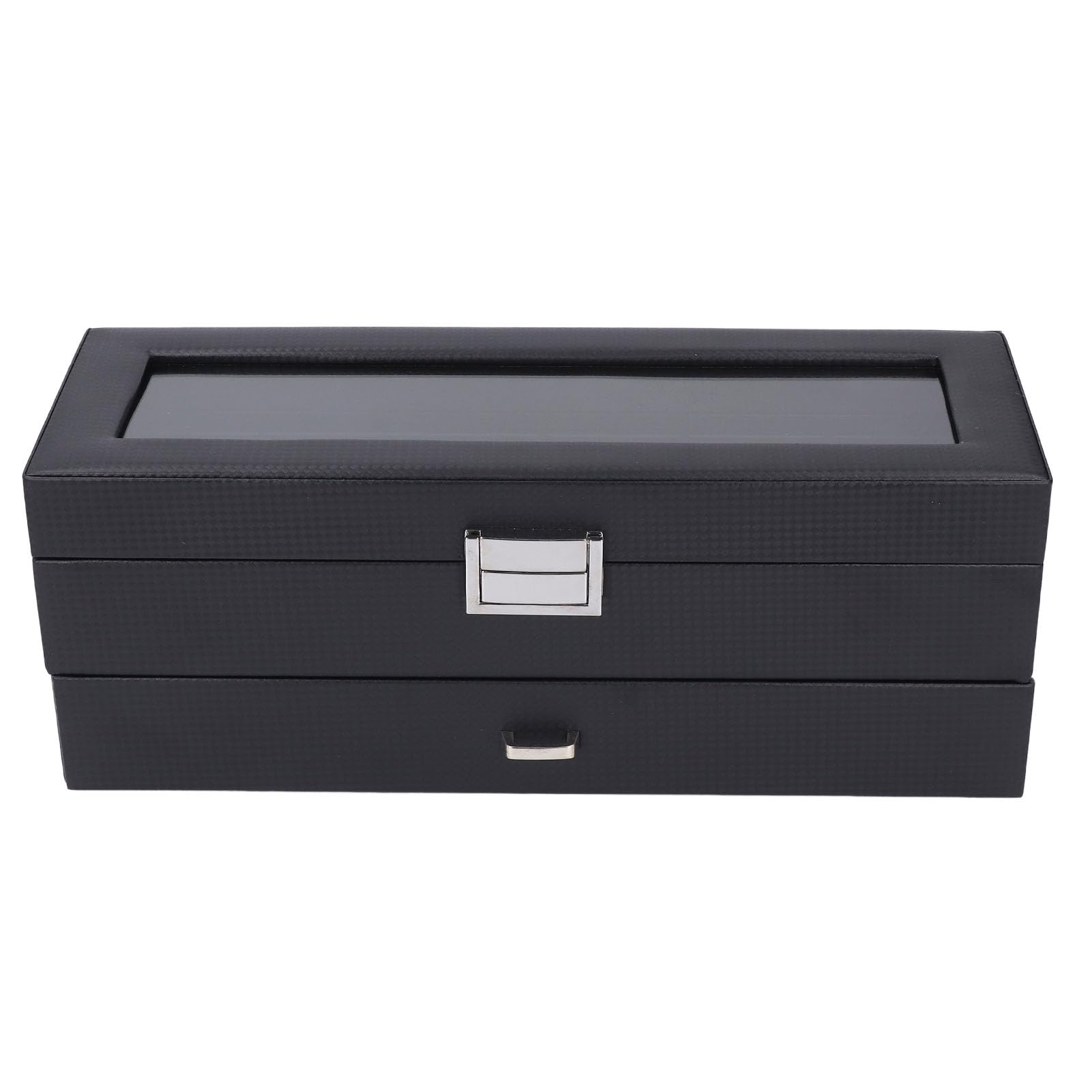 Vitrina de Reloj de 6 Ranuras con Cajón y Tapa de Vidrio Templado para Almacenamiento Organizado de Accesorios, Elegante Acabado de Cuero PU, Perfecto para el Hogar o Regalo