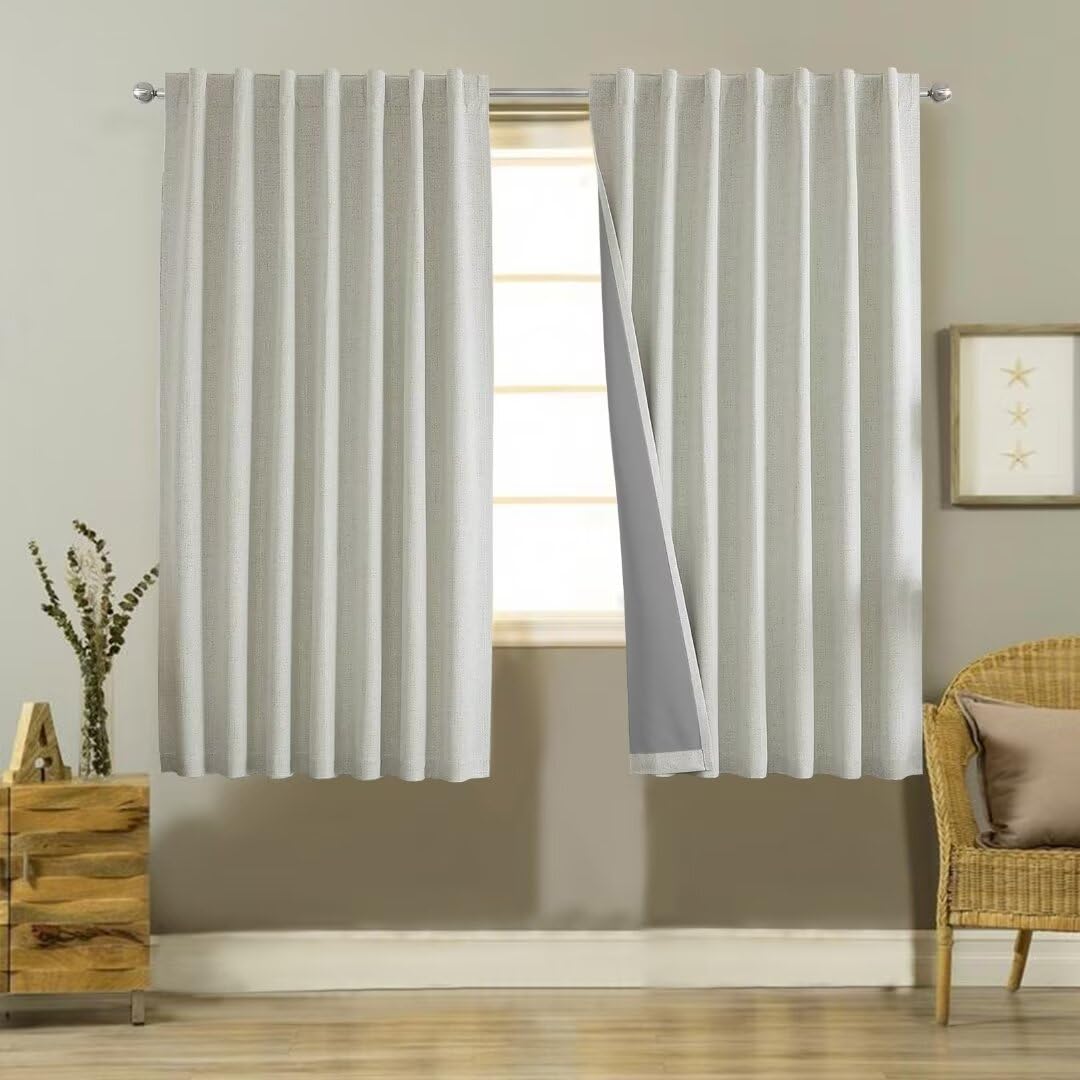 Joydeco 100% Black Out Curtains 63 inch Long 2 Panels Burg Natural Blackout Linen Drapes for Bedroom Living Room Darkening Curtain Thermal Insulated Back tab Rod Pocket(37x63 inch,Light Beige)