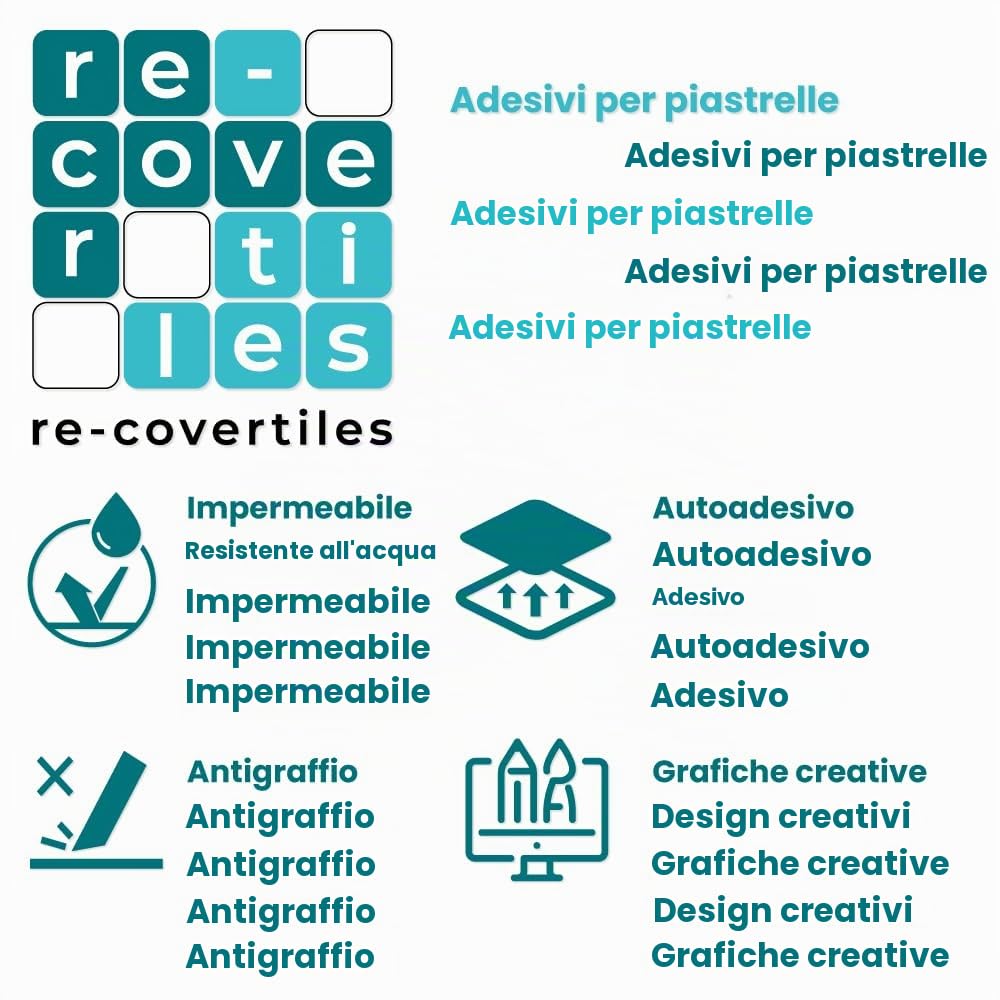RE-COVERTILES Adesivi Piastrelle Cucina Bagno in PVC 10 Pz 20x20 cm PS00116 | Materiale PVC, Impermeabile, Antigraffio, Decorazione Parete, Peel and Stick, Made in Italy