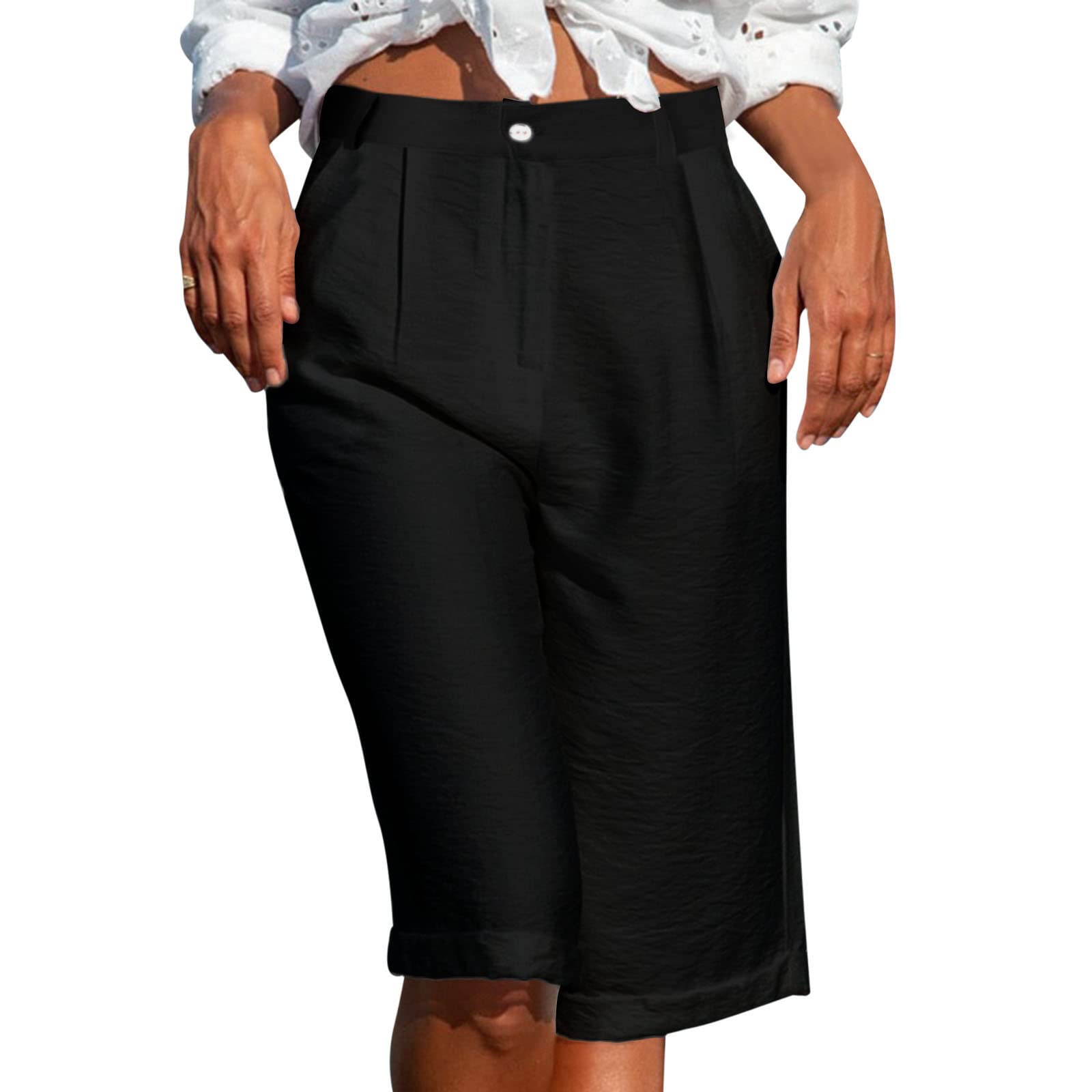 ショートパンツ PLAIN Black Shorts with Belt Loops in Cotton Woman XUNRYAN Women Bermuda Shorts High Waisted Wide Leg Pleated