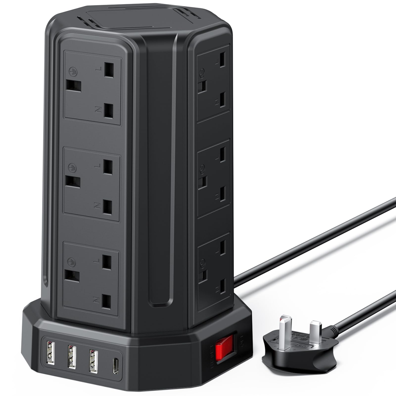 Tower Extension Lead, Aodeng 12 Way Extension Tower Multi Plug Extension Sockets with 4 USB Slots, [13A 3250W] Surge Protector Long Extension cable for Home, Office, Kitchen