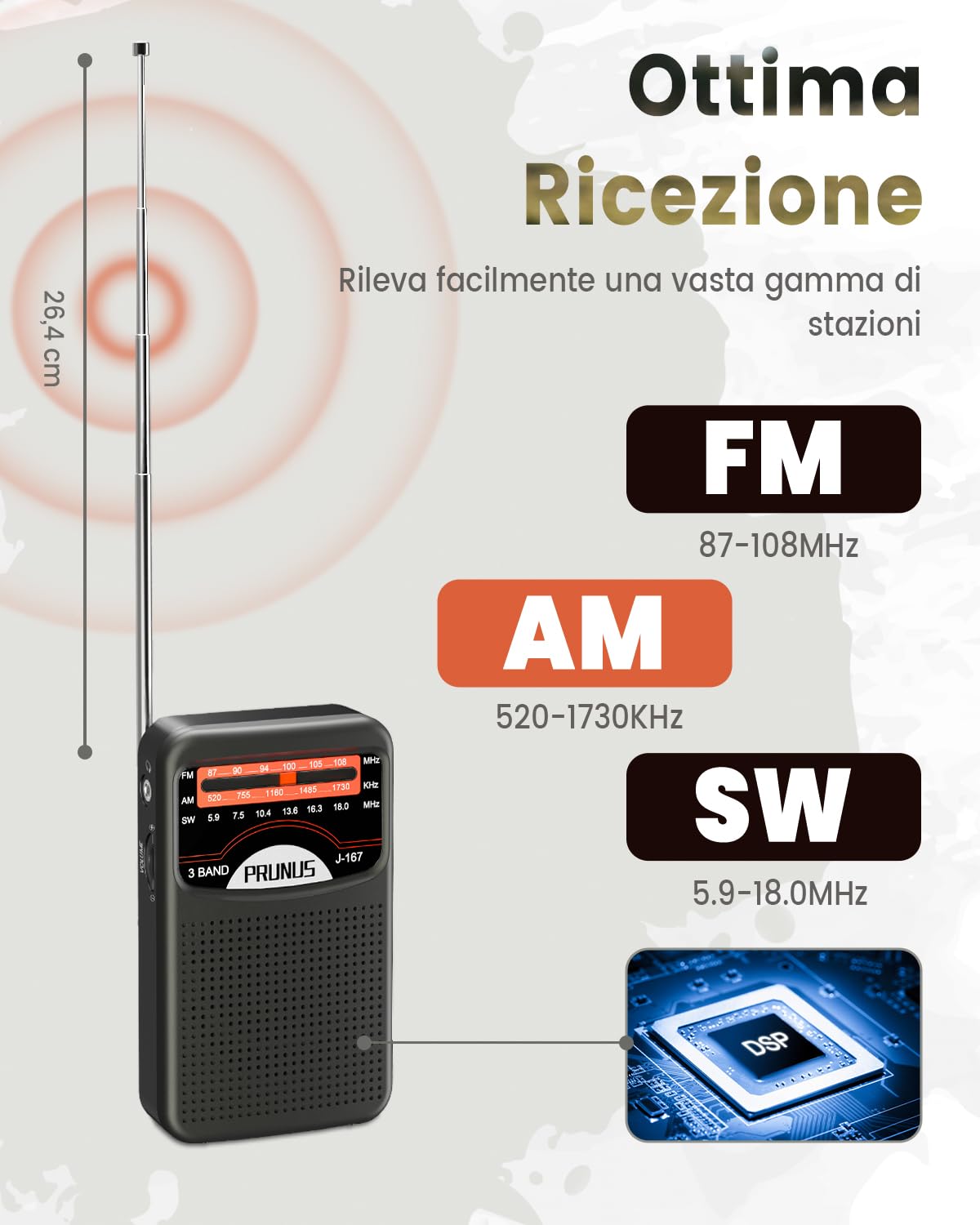 PRUNUS J-167 Radio Portatile Ricaricabile FM/AM con Jack/Cinturino, Nero