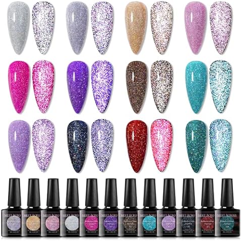 MEET ACROSS UV Nagellack Glitzer, Reflektierender Glitzer Gel Nagellack - 12 Farben Disco Funkelnd Shellac Nagellack, Sparkly Shiny Einweichen UV Nagelgel Maniküre Kit Cover
