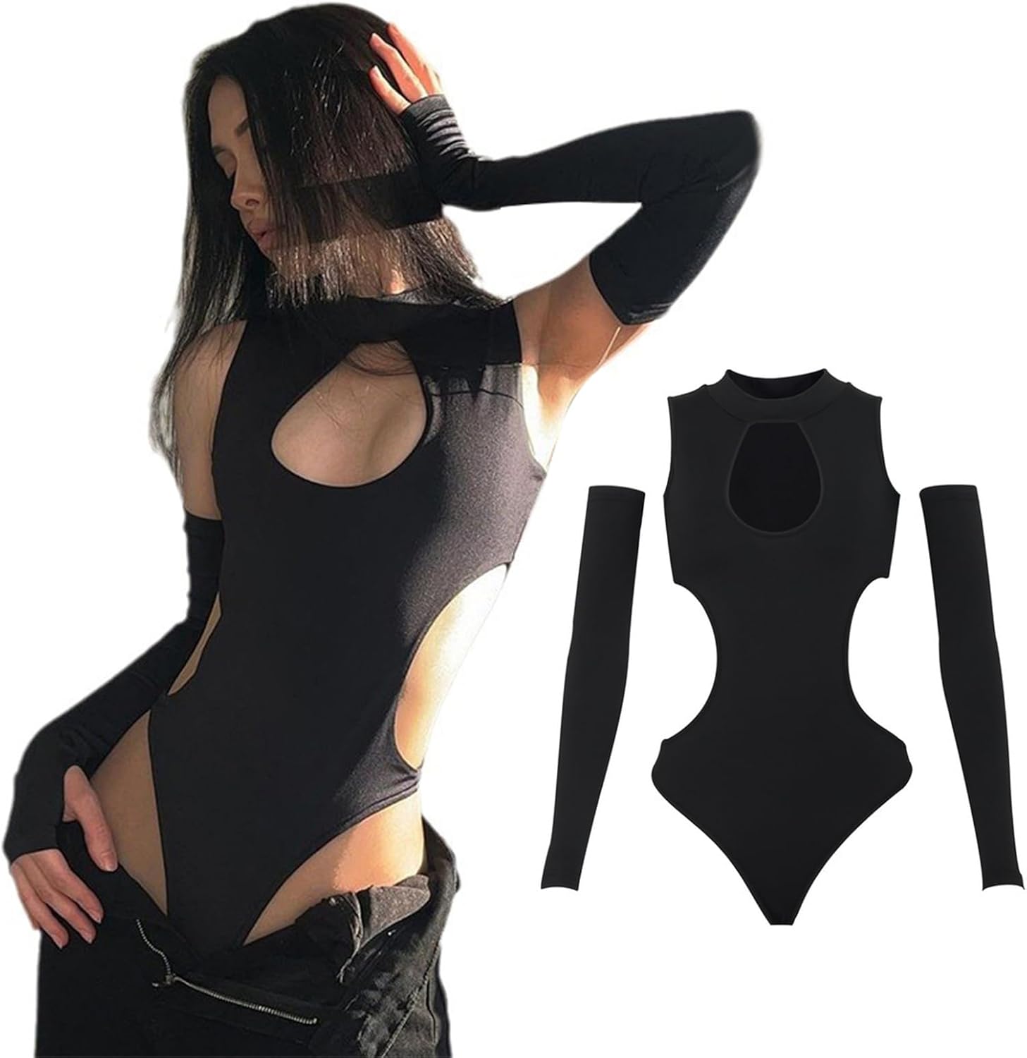 Women's Y2K Sexy Hollow Out Long Sleeve Tank Bodysuit Summer Skinny Leotard Tops Streetwear Outfit