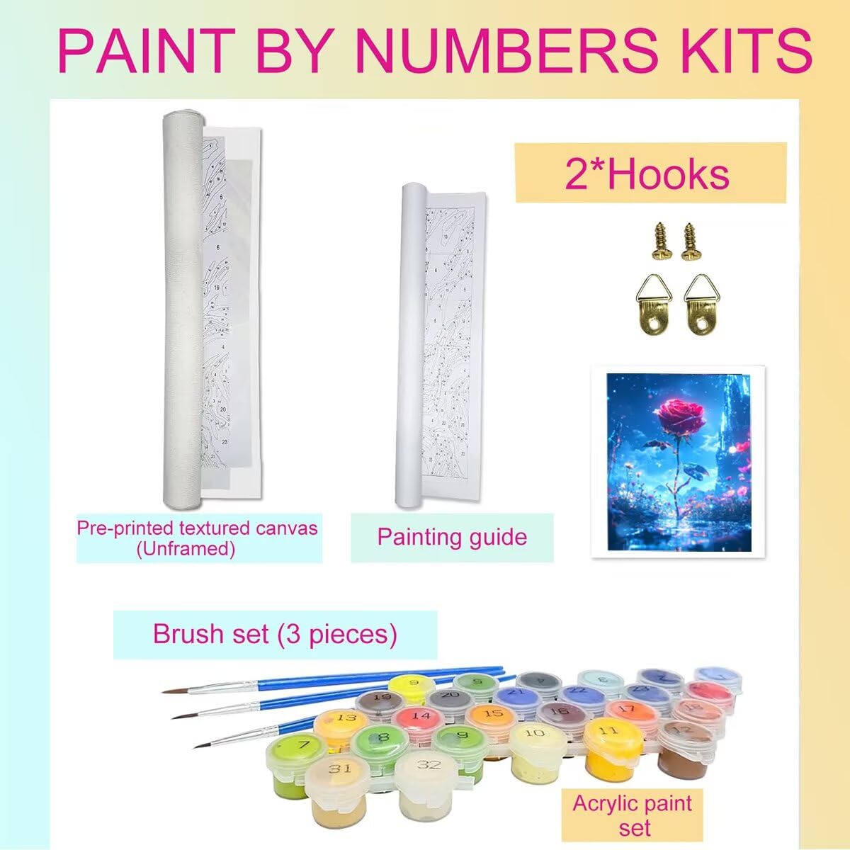Dipingere con i Numeri Rosa, Paint by Numbers Adulti Fiore, Fai da te Creativi Adulti Quadri da Dipingere Numerati Kit per Decorazione Della Parete di Casa, Regalo 100x135 cm Senza Cornice VK-I