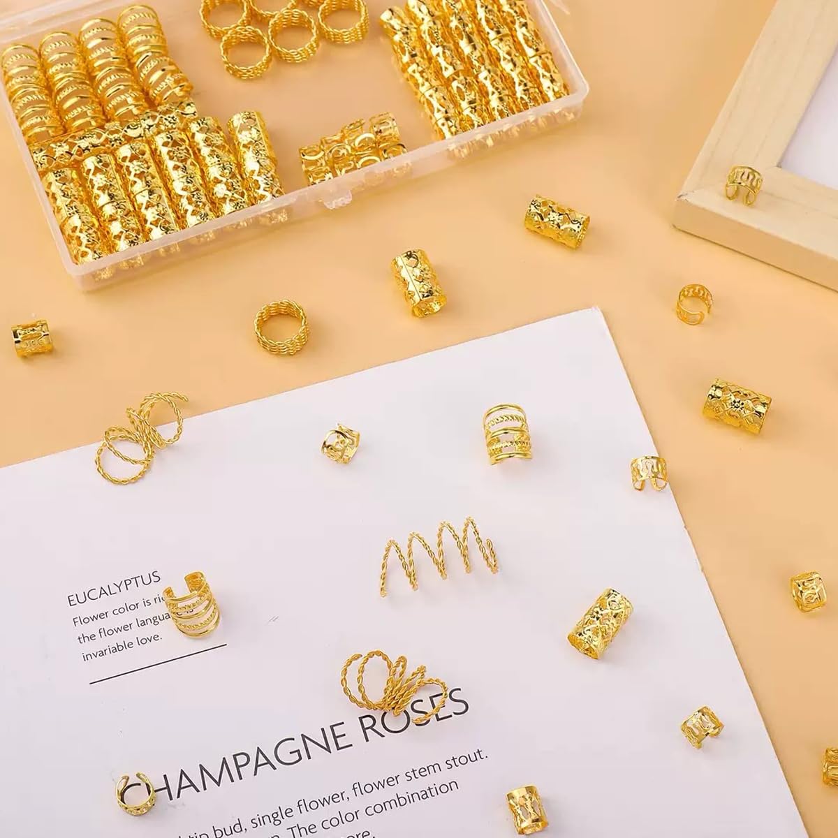 110 piezas de joyas doradas para el cabello para trenzas y rastas, anillos de metal, puños, clips, accesorios decorativos - amarillo dorado 6