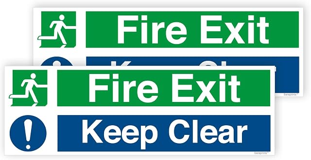 Pack of 2 Fire Exit Keep Clear self adhesive fire exit sign (300 x 100 mm) Waterproof Fire Safety Signs