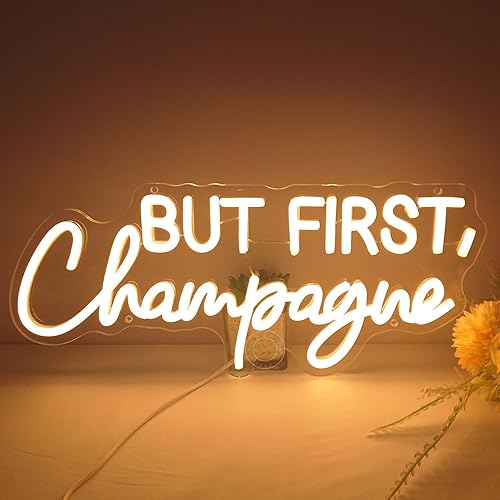 Miniatura 8 de SYLHOME Letrero de luz LED de neón con texto en inglés But First Champagne para el hogar, bar, cocina, hombre, cueva, pub, decoración de boda,
