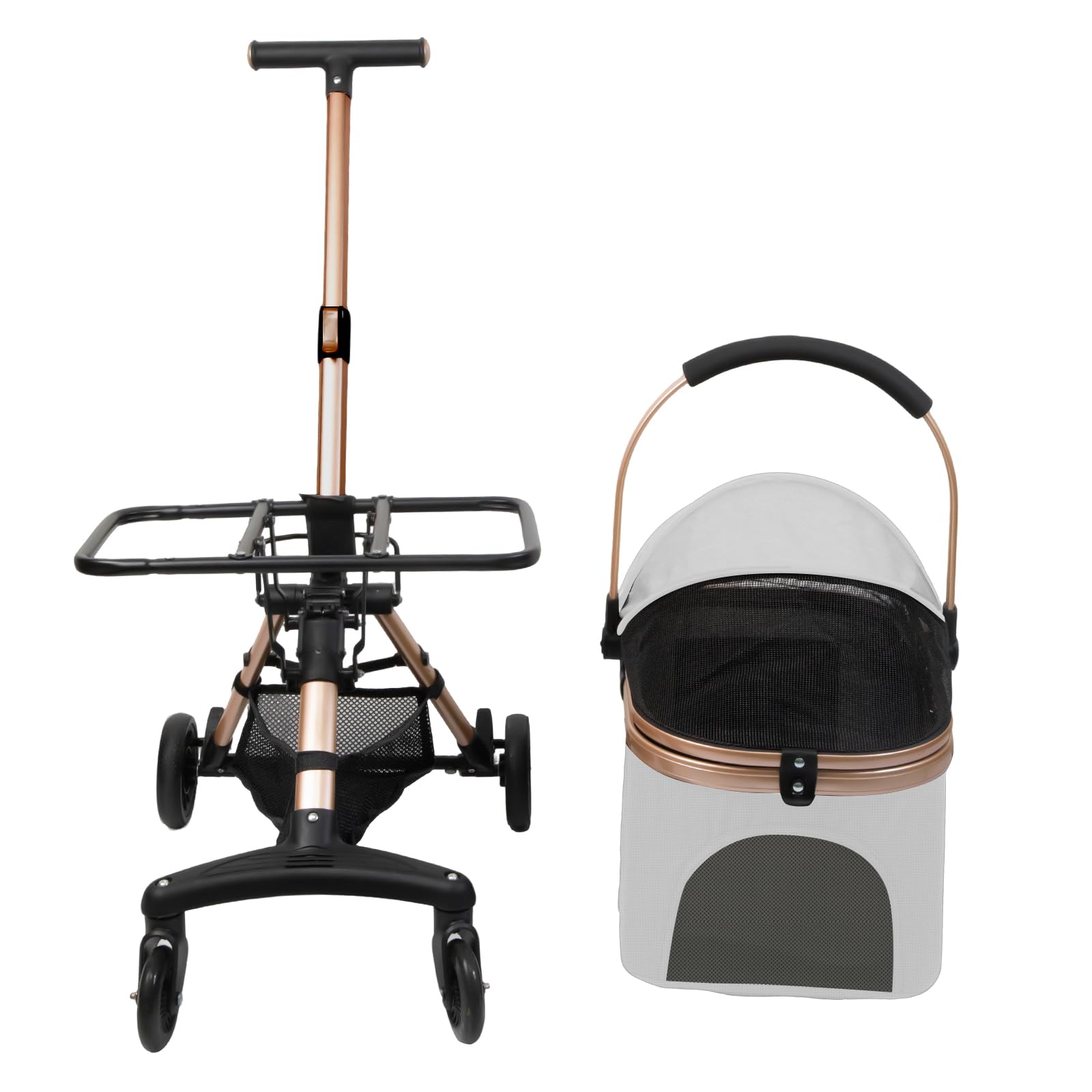 Poussette Chien 3 en1,Chariot Chien Pliable,Jusqu'à 15 kg, Poussette Chat avec Roues avec Freins,Fenêtre en Maille,Poche de Rangement et Poignée Réglable,Les Petits Chiens et Chats (gris)
