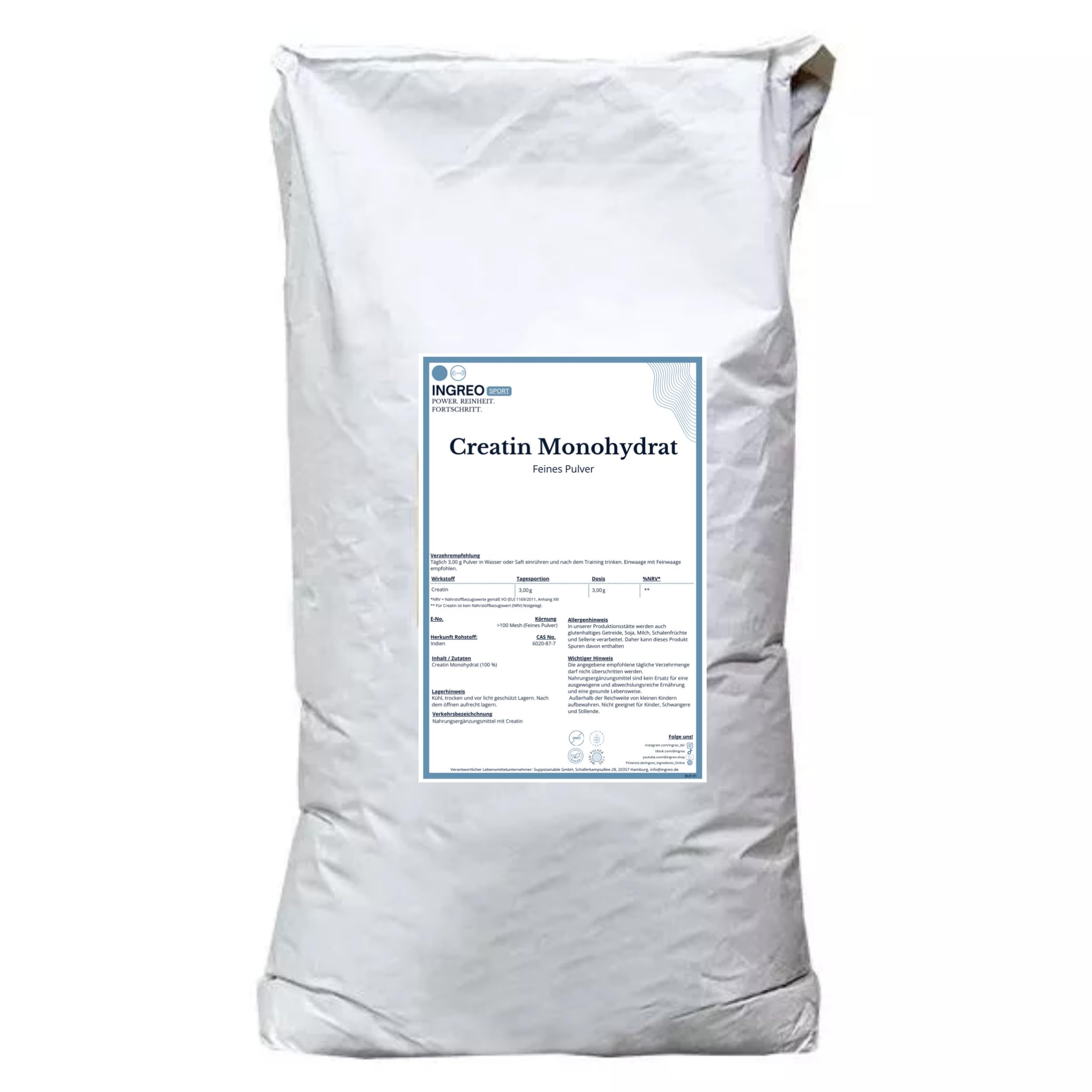 Feines Creatin Monohydrat 1kg Pulver reines Kreatin mikronisierter Qualität Mesh 200 optimal hochdosiert 100% vegan von INGREO Pro (1000g) (25kg)