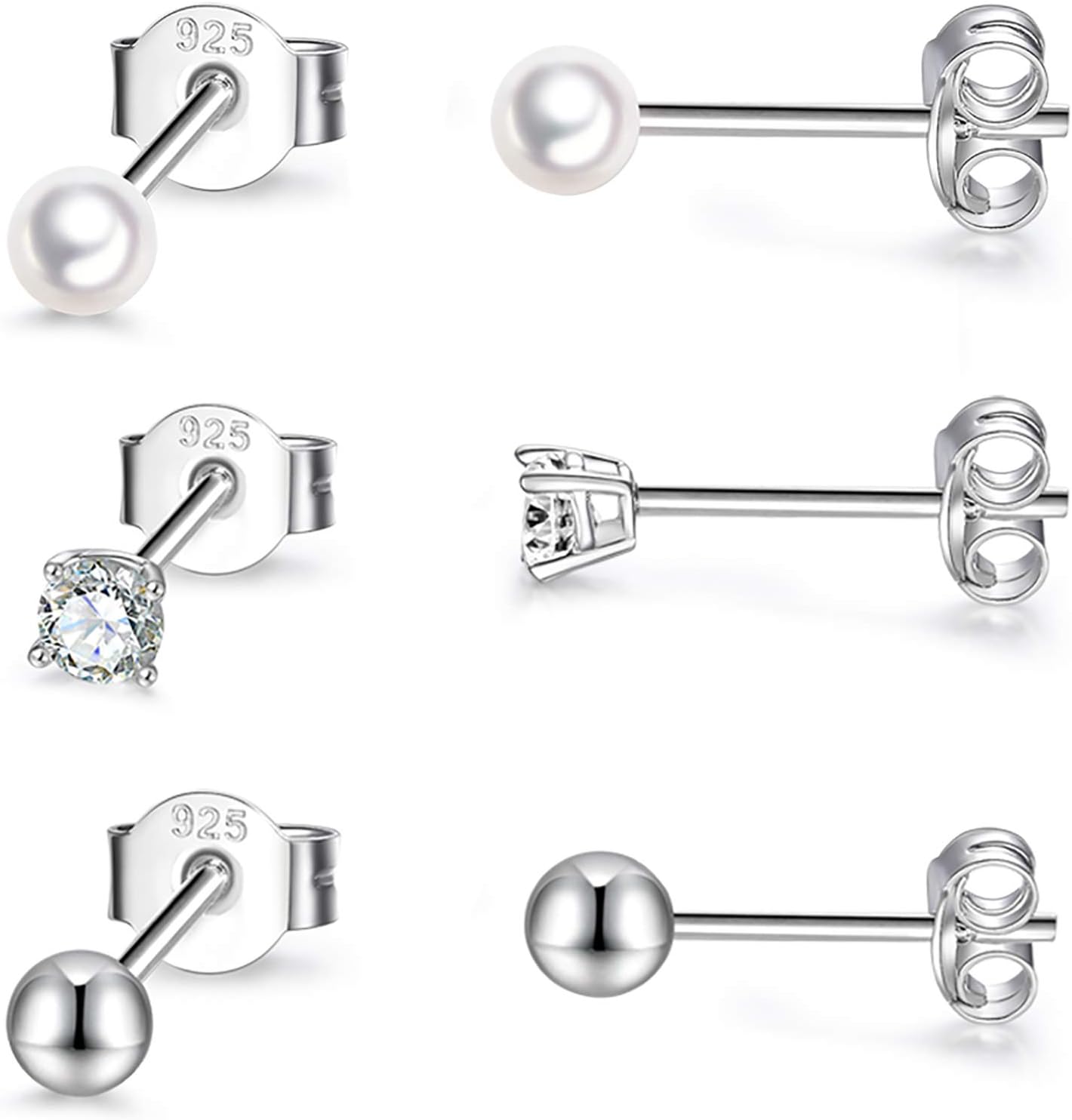 Sterling Silver Stud Earrings for Women Men- 3 Pairs 3mm Tiny Ball Stud Earrings Round CZ Earrings Pearl Earrings Set Cartilage Small Tragus Earrings