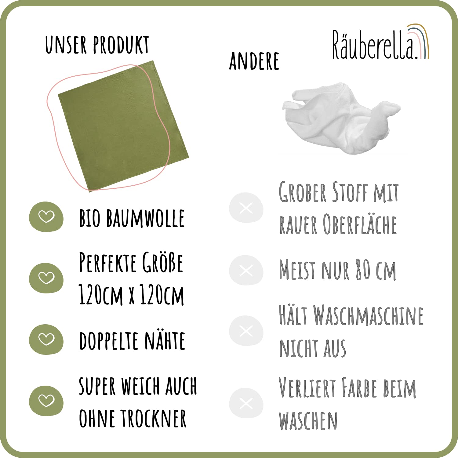Räuberella ® Coperta originale 120 cm x 120 cm, in 100% mussola cotone biologico, regalo per la nascita per neonati (oliva)