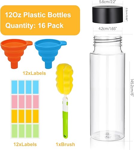 Miniatura 2 de 16 botellas de plástico transparente de 12 onzas, botellas sensoriales vacías con tapas, botella de jugo reutilizable, botella de agua para hacer
