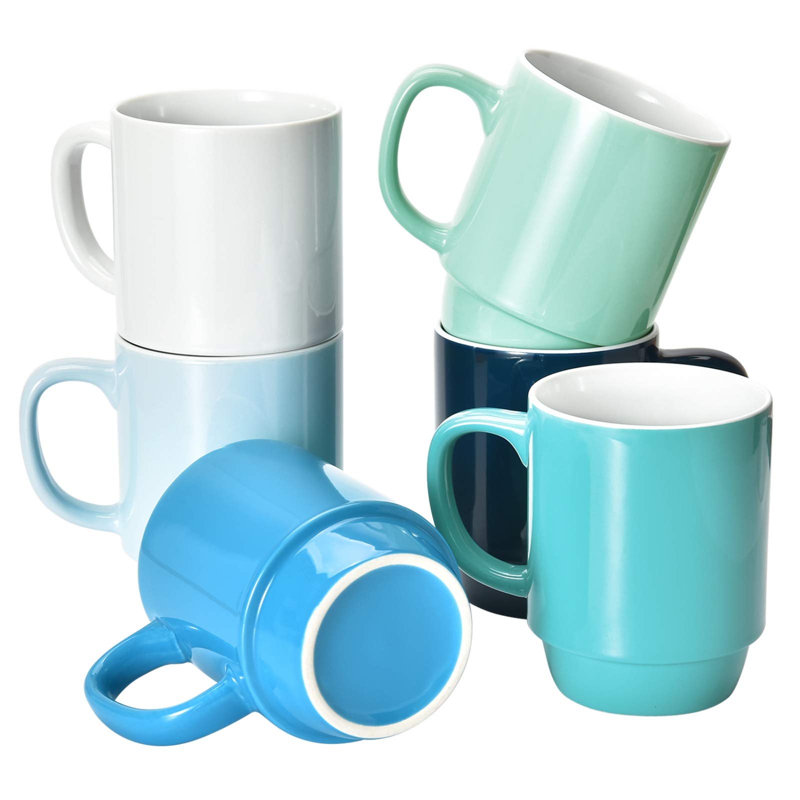 Kubki do kawy zestaw 6 sztuk, możliwość układania w stos, 470 ml, duże kubki do kawy z uchwytem, ceramiczne kubki do restauracji, zestaw 6 kubków do kawy, herbaty i kakao, zimne różne kolory