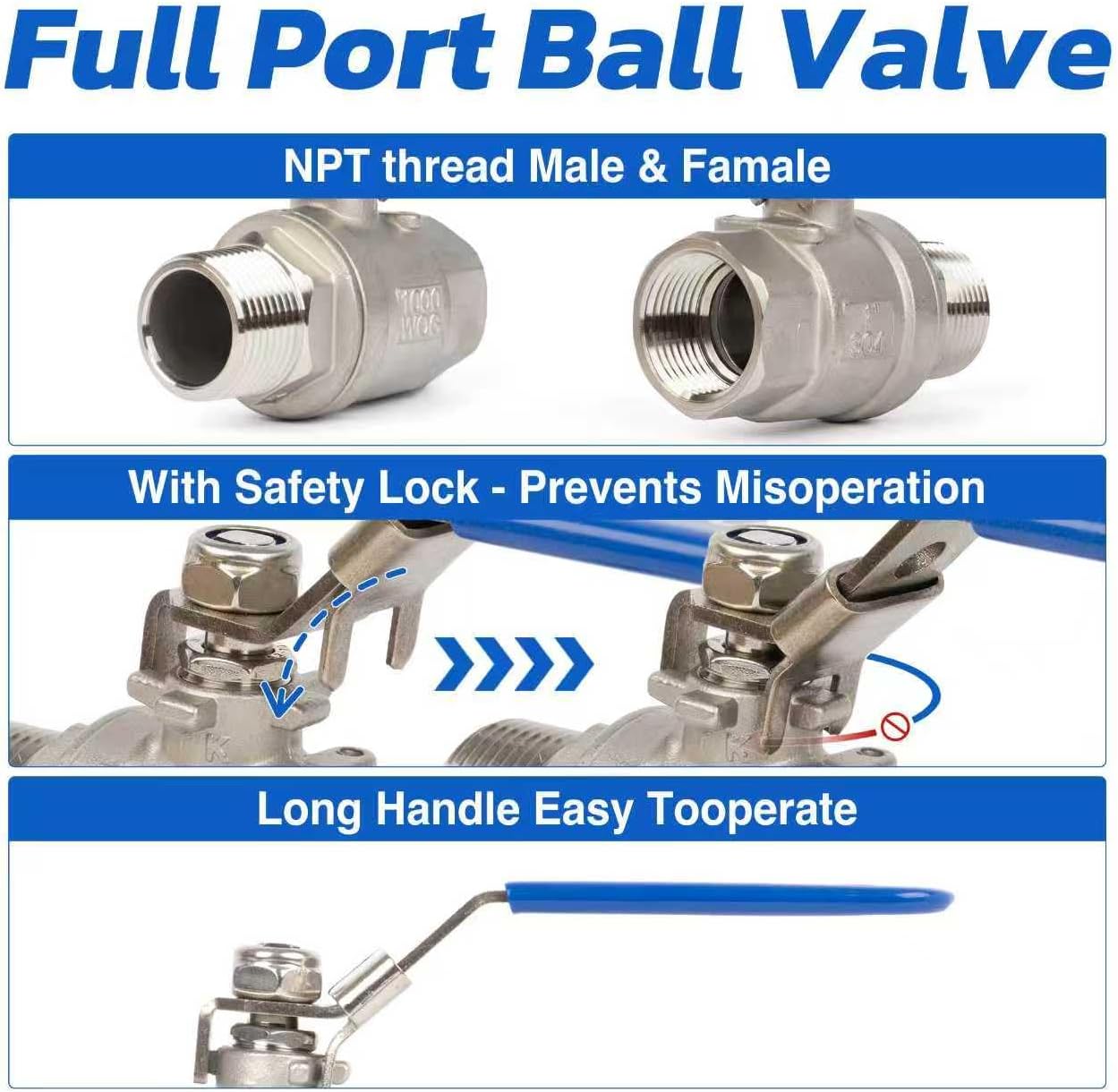 U.S. Solid 3/4" Ball Valve, Pack of 2 – Male x Female 316 Stainless Steel Heavy Duty for Water, Oil, and Gas, 1000WOG NPT, Full Port with Anti-Misoperation Lock
