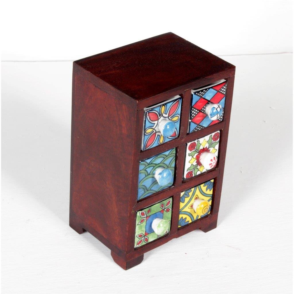 6-Drawer Wooden Chest | Handcrafted Mini Storage Organizer with Assorted Ceramic Drawers | Traditional Indian Design for Home, Kitchen, Office – 13.75x12x18 cm