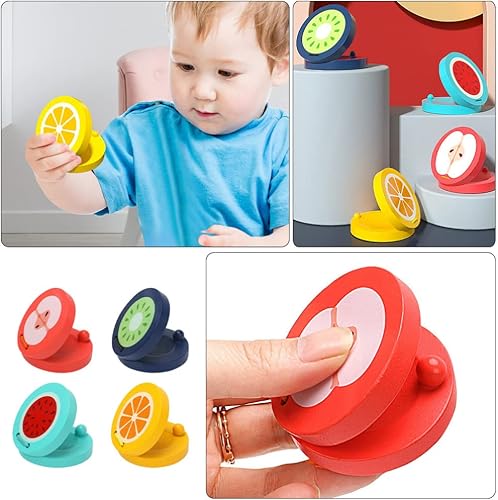 Miniatura 7 de Panderetas para niños, 4 unidades, castañuelas de dedo, patrón de frutas, castañuelas musicales de madera, instrumentos musicales ritmo para niños