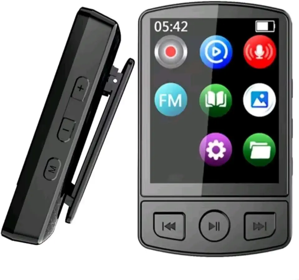 MP3 Player Bluetooth 5.0 Esportivo com Clipe, Tela Colorida 1,5 Polegadas, Suporta até 32GB, Gravação de Voz, Preto