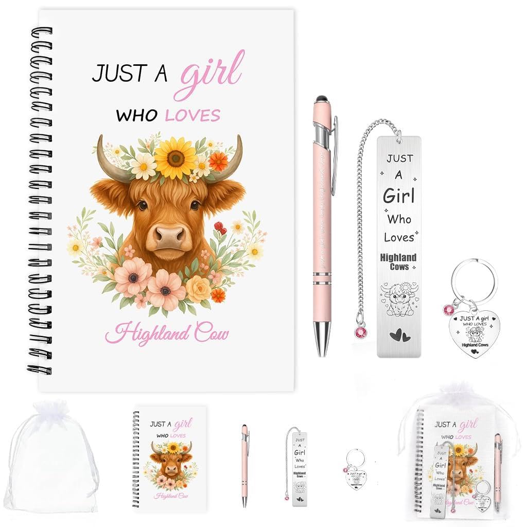 HUNGBAN Highland Cow Gifts for Women βJust a Girl Who Loves Highland Cowsβ A5 Notebook Set with Keychain Stainless Steel Bookmark & Pink Ballpoint Pen Cow Lover Stationery