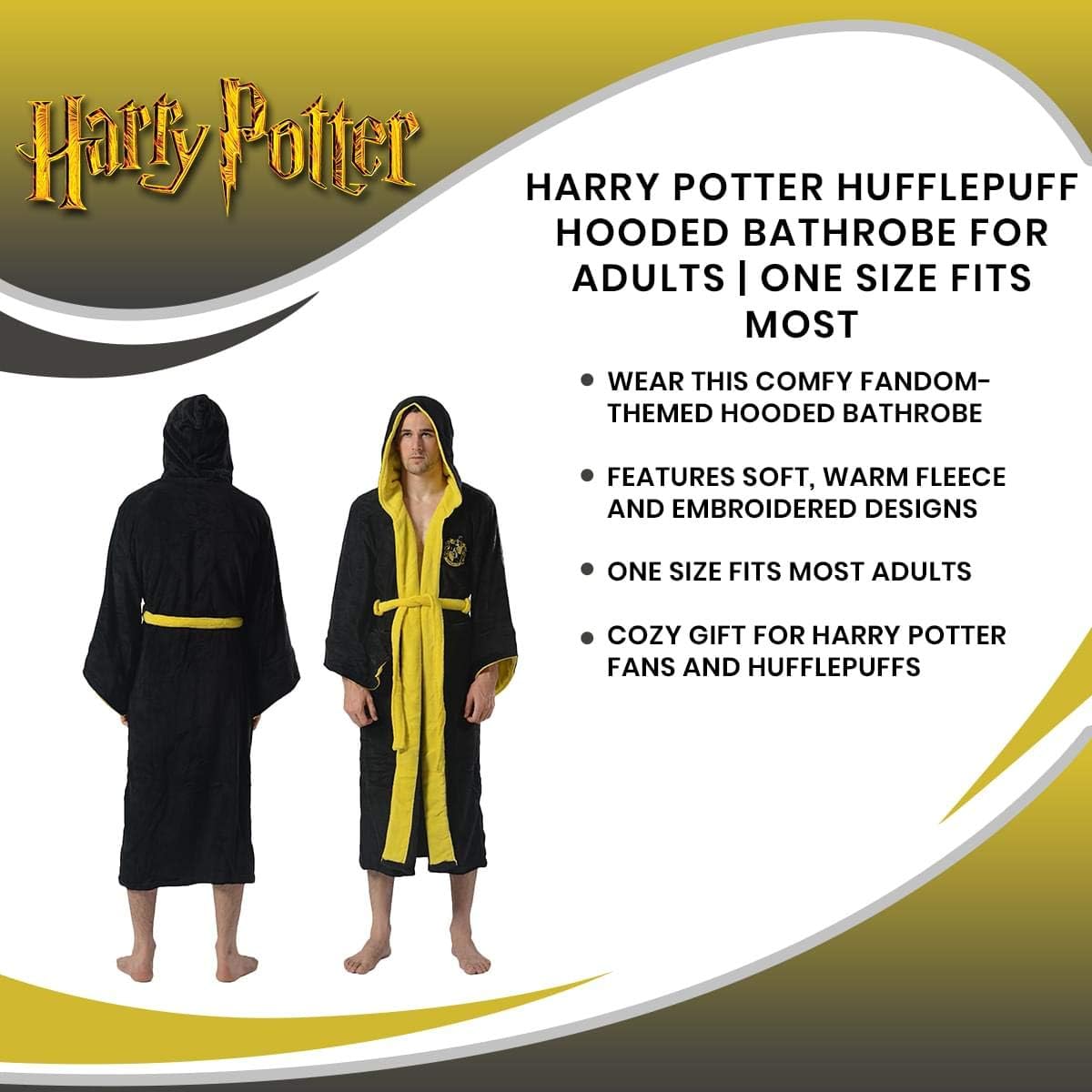 HARRY POTTER Hufflepuff Hooded Bathrobe for Men/Women | Soft Plush Spa Robe for Adults | Lightweight Fleece Shower Robe With Belted Tie | One Size Fits Most Adults