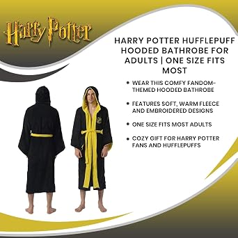 HARRY POTTER Hufflepuff Hooded Bathrobe for Men/Women | Soft Plush Spa Robe for Adults | Lightweight Fleece Shower Robe With Belted Tie | One Size Fits Most Adults