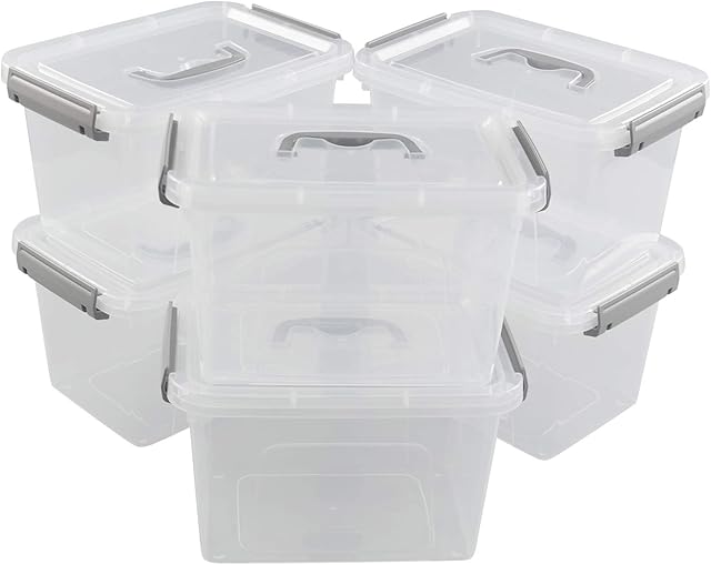 Leendines 5.5 Liter Plastic Lidded Storage Box, Clear Boxes, 6 Pack